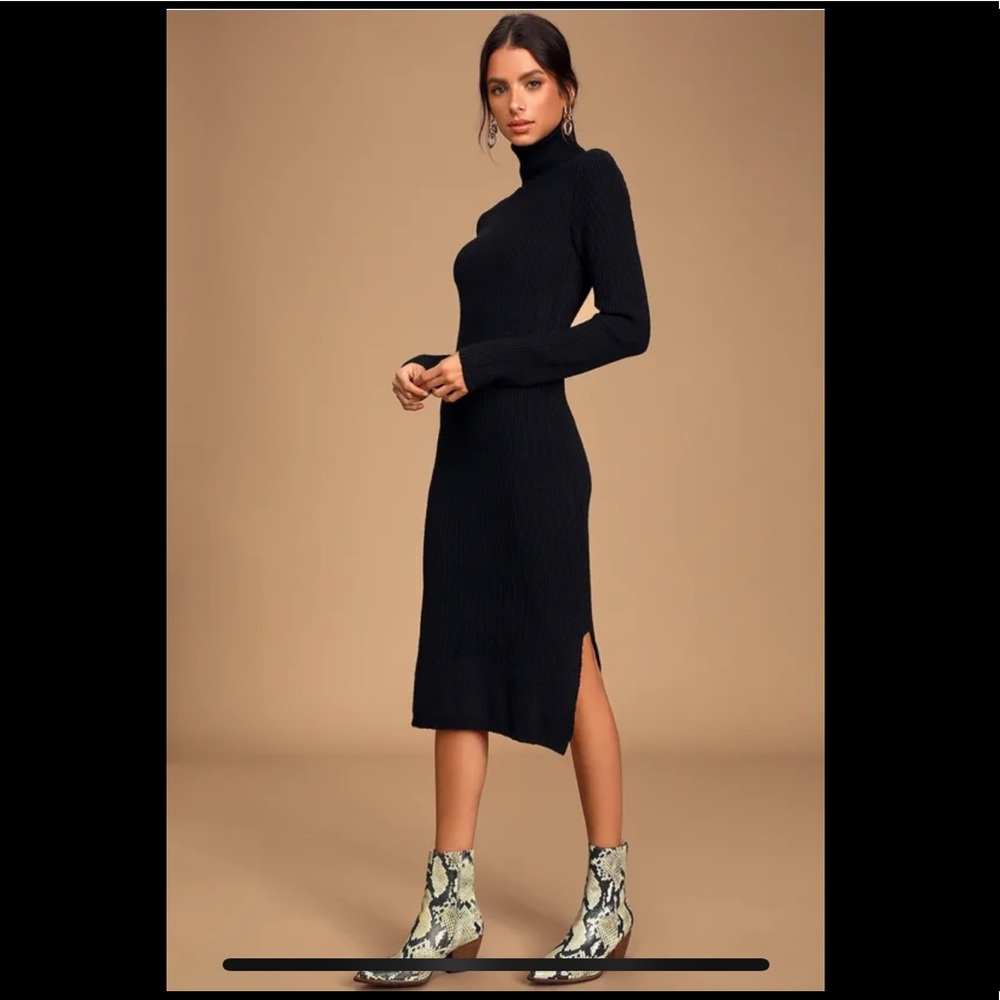 Lulus Sheerah Black Turtleneck Midi Sweater Dress
